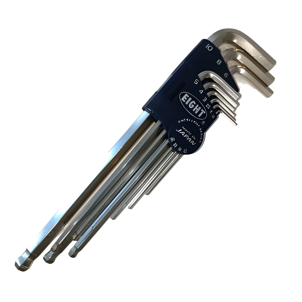 9pc. Eight Extra Heavy Duty Long Arm Taper Head Ball End Hex Allen Key Wrench Set in Plastic Caddy 1.5 to 10mm TLS-9N Made in Japan