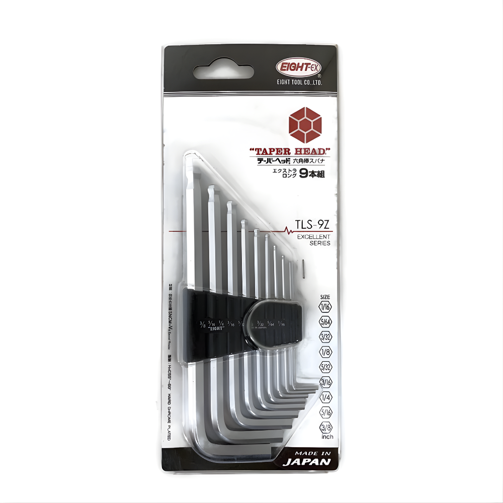9pc. Eight Extra Heavy Duty Long Arm Taper Head Hex Allen Key Wrench Set in Plastic Caddy 1/16″ to 3/ 8″ TLS-9Z Made in Japan