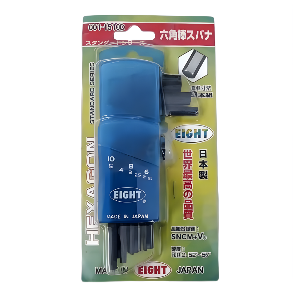 9pc. Eight Door Holder Standard Series Long Arm Ball Point Hex Allen Key Wrench Set in Full Plastic Holder 1.5 to 10mm 016-1510D Made in Japan