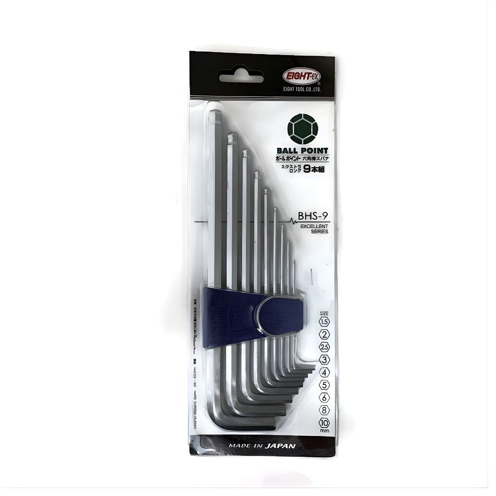 9pc. Eight Extra Long Arm Ball Point Hex Allen Key Wrench Set in Plastic Caddy 1.5 to 10mm BHS-9 Made in Japan