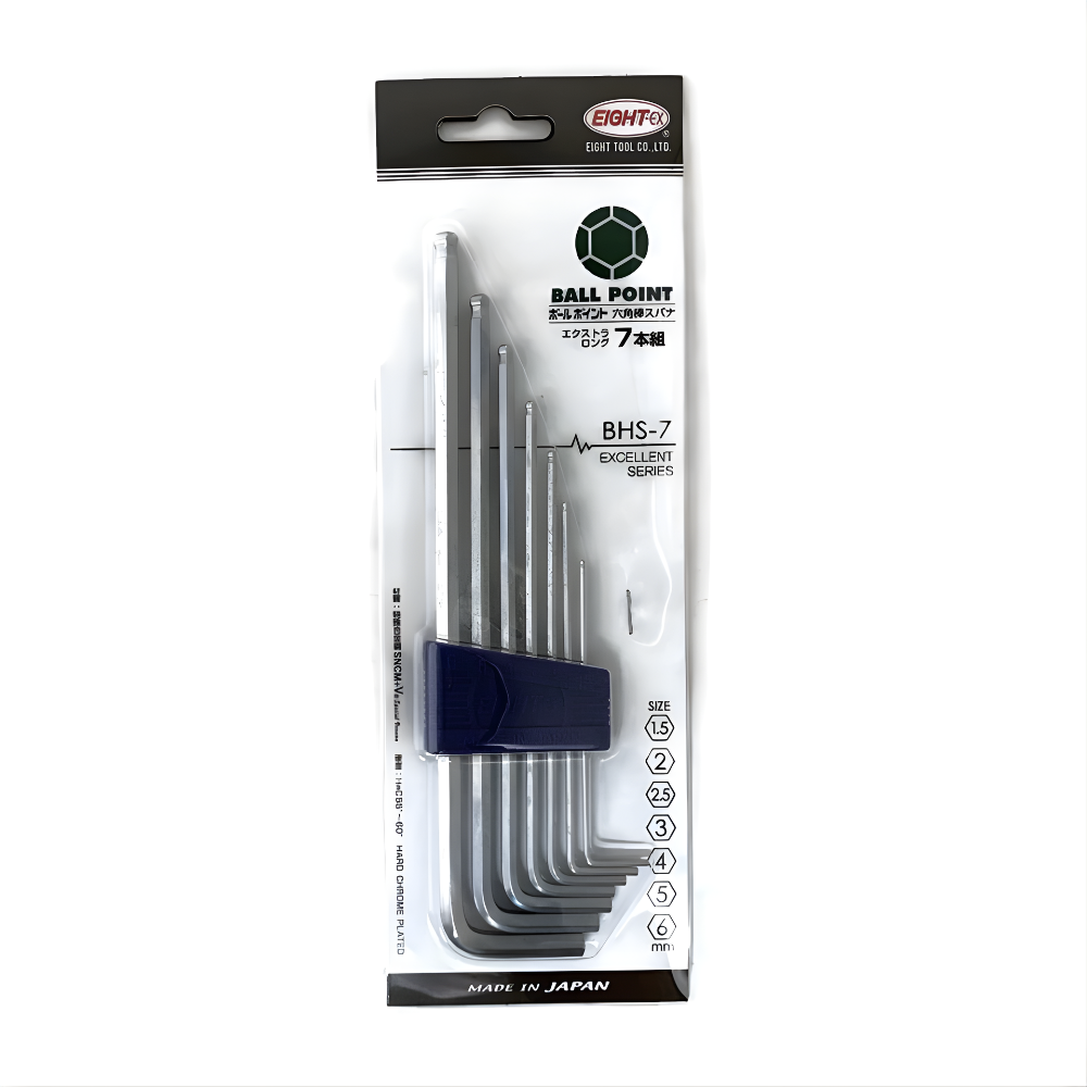 7pc. Eight Extra Long Arm Ball Point Hex Allen Key Wrench Set in Plastic Caddy 1.5 to 6mm BHS-7 Made in Japan