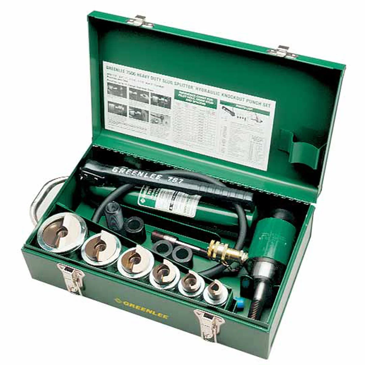 Greenlee 1/2" - 2" Conduit Size Slug-Splitter Knockout Punch Kit with Hydraulic Ram and Hand Pump 7506  Made in USA