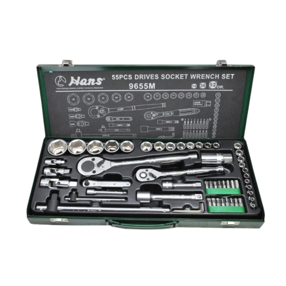 Hans Tools 9655M 1/4", 3/8", 1/2" Drive 55pcs. Socket Wrench Set (6pts)